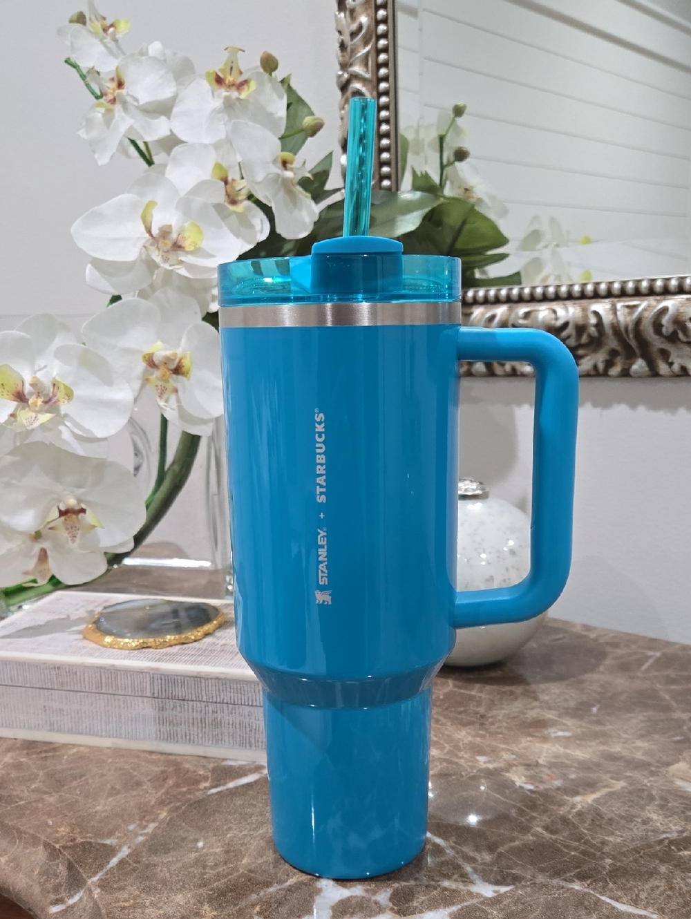 Rare Stanley/Starbucks 40 oz Tourquise Travel Tumbler w/Handle and Straw, NWT